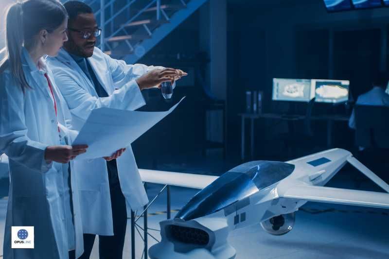 Deux employés du laboratoire aérospatial se parlent - Établis pour l'industrie aérospatiale