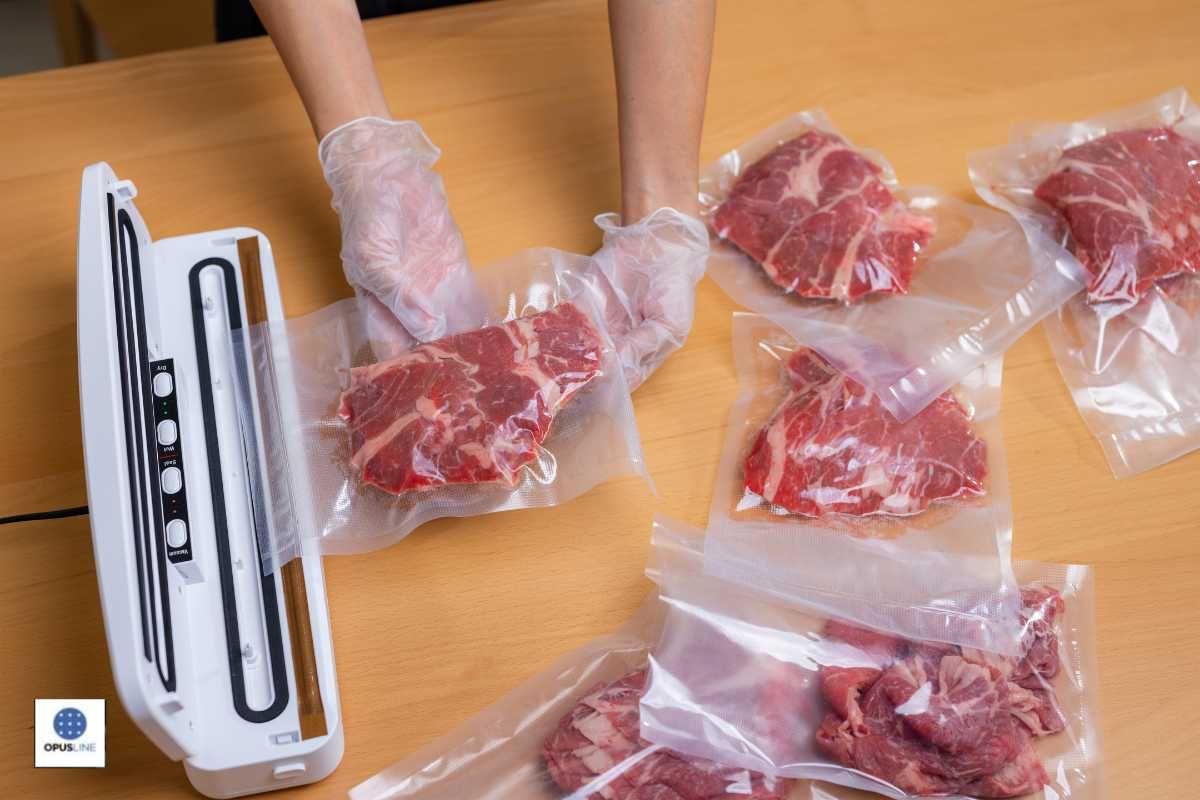 les mains d'une personne dans des gants pour emballer la viande - Établis pour la transformation dans l'industrie alimentaire et de conservation