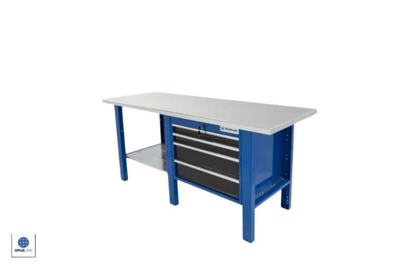 établi avec un meuble à tiroirs comprenant 4 tiroirs, un plan de travail solide et une étagère ouverte. 5 fourgons parfaits pour installer un établi