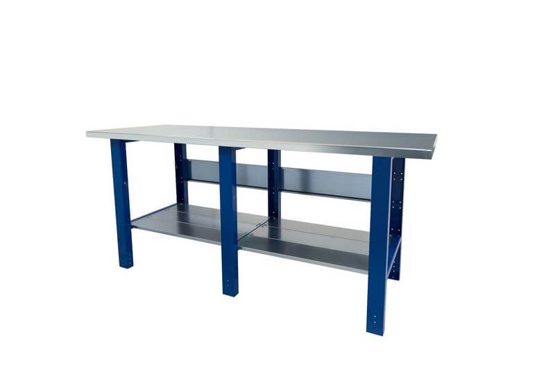 établi de travail pour un atelier modulable avec plateau en fer, en bas un autre plateau pour ranger vos outils