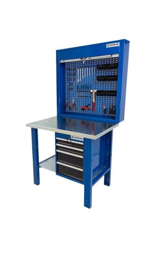 Établi avec un bloc de tiroirs à verrouillage central et 4 tiroirs, un panneau avec kit de crochets à l'arrière où vous pouvez accrocher vos outils.