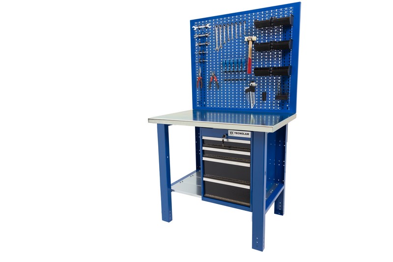 établi de travail avec une commode latérale à 4 tiroirs et un panneau pour les outils