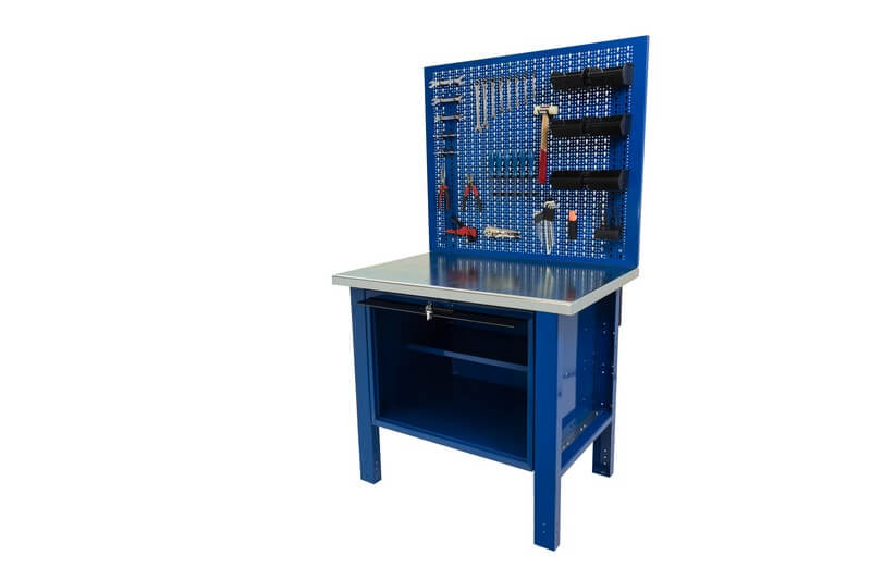 établi de travail avec panneau pour outils et étagère avec porte basculante