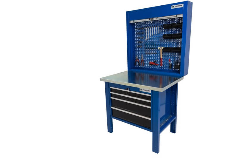 Etabli de 1 mètre avec extracteur à 4 tiroirs, à l'arrière il y a un panneau pour les outils