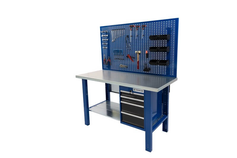 Etabli avec commode à 4 tiroirs et un dessus à côté gauche, un panneau à l'arrière