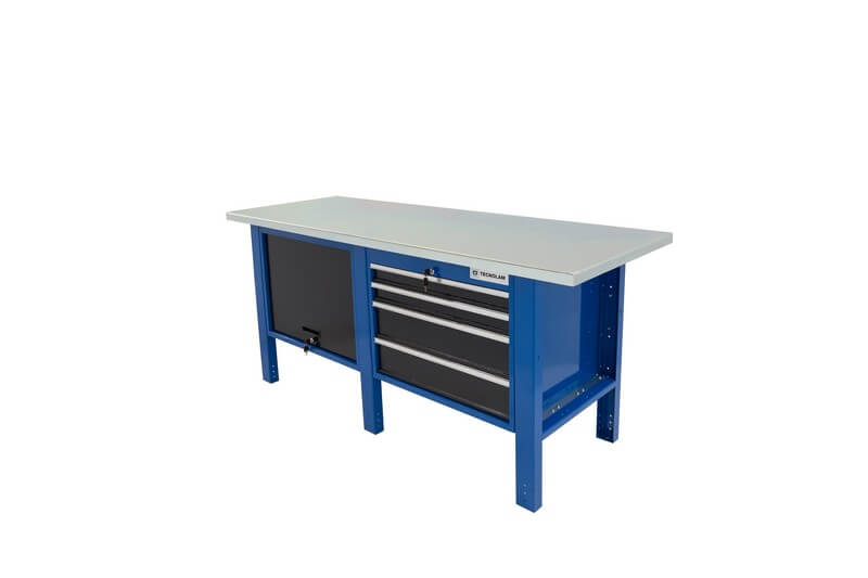 établi de travail avec une commode à 4 tiroirs et une étagère avec porte pliante