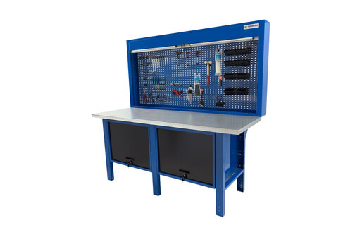 établi de travail avec deux étagères à porte basculante et un panneau de commande pour les outils