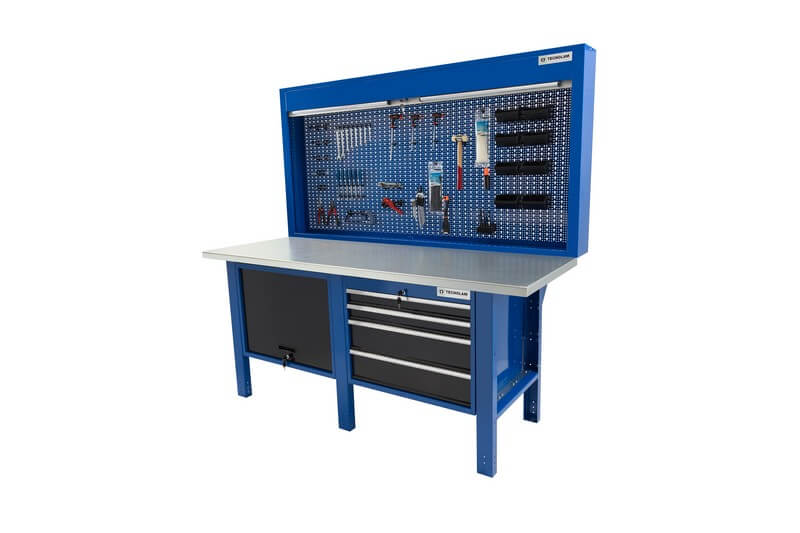 établi de travail avec une commode à 4 tiroirs et une étagère avec une porte pliante et un panneau pratique où vous pouvez placer vos outils préférés