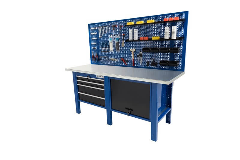 établi de travail avec une commode à 4 tiroirs et une étagère avec une porte pliante et un panneau pratique où vous pouvez placer vos outils préférés