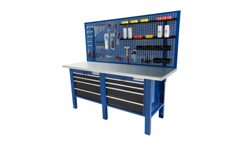 établi de travail avec deux tiroirs de 4 tiroirs chacun et un panneau de contrôle pour les outils et une surface solide et sécuritaire pour effectuer vos travaux