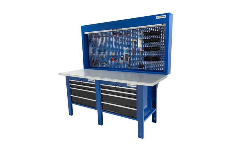 établi de travail avec deux tiroirs de 4 tiroirs chacun et un panneau de contrôle pour les outils et une surface solide et sécuritaire pour effectuer vos travaux