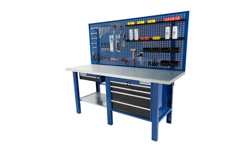 établi professionnel avec un tiroir à clé, une commode avec 4 tiroirs et un panneau pratique et utile où vous pouvez insérer et accrocher vos outils