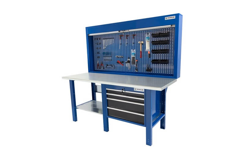 établi de travail avec une commode à 4 tiroirs, sur le côté gauche il y a une surface en fer pour placer d'éventuels outils. À l'arrière, nous trouvons un panneau de commande pratique pour les outils de différents types avec kit de crochet inclus.