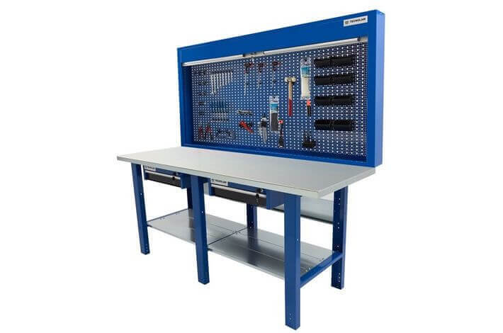 établi de travail avec deux tiroirs avec clé chacun et un plan robuste et sûr pour effectuer vos travaux, en plus il y a aussi un panneau pour les outils
