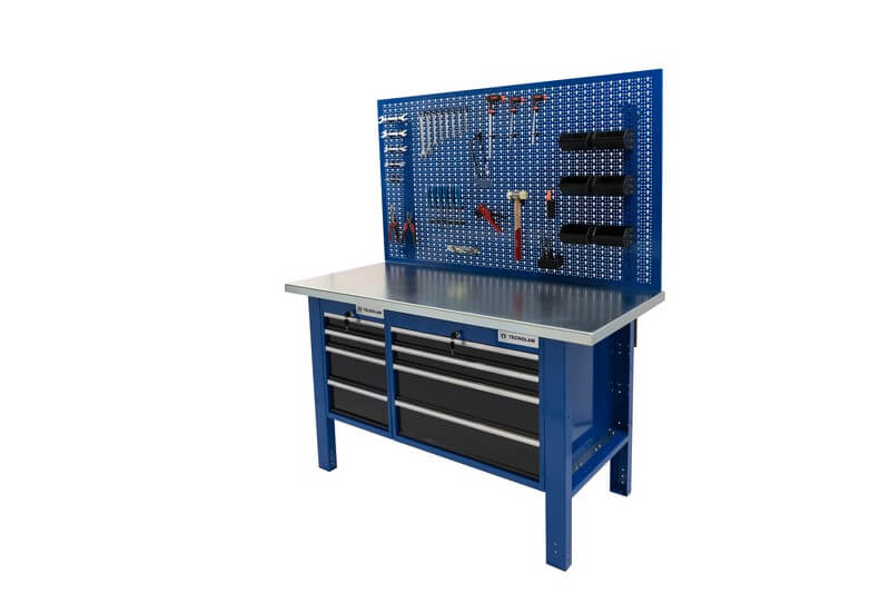 Etabli avec 2 tiroirs, un avec tiroirs et l'autre avec tiroirs, tous deux avec 4 tiroirs et un panneau à l'arrière